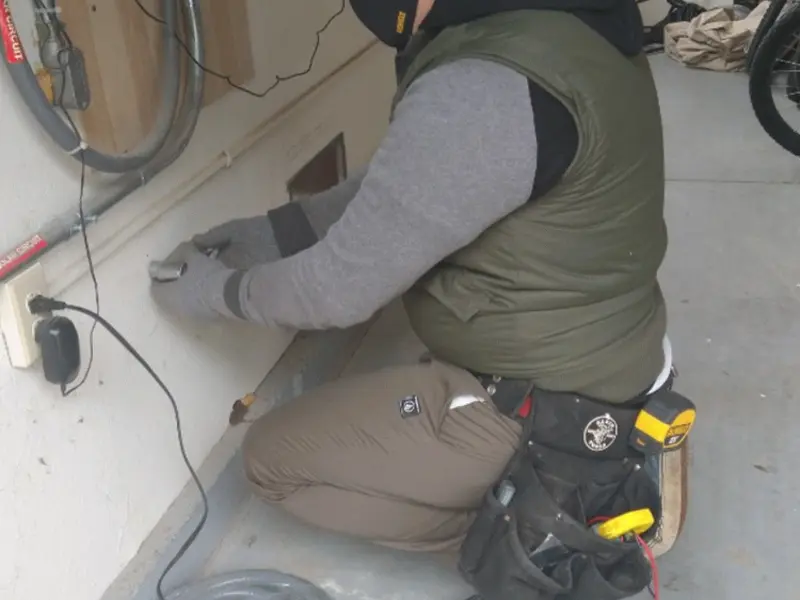 Electrician performing outlet wiring in a Tarentum garage